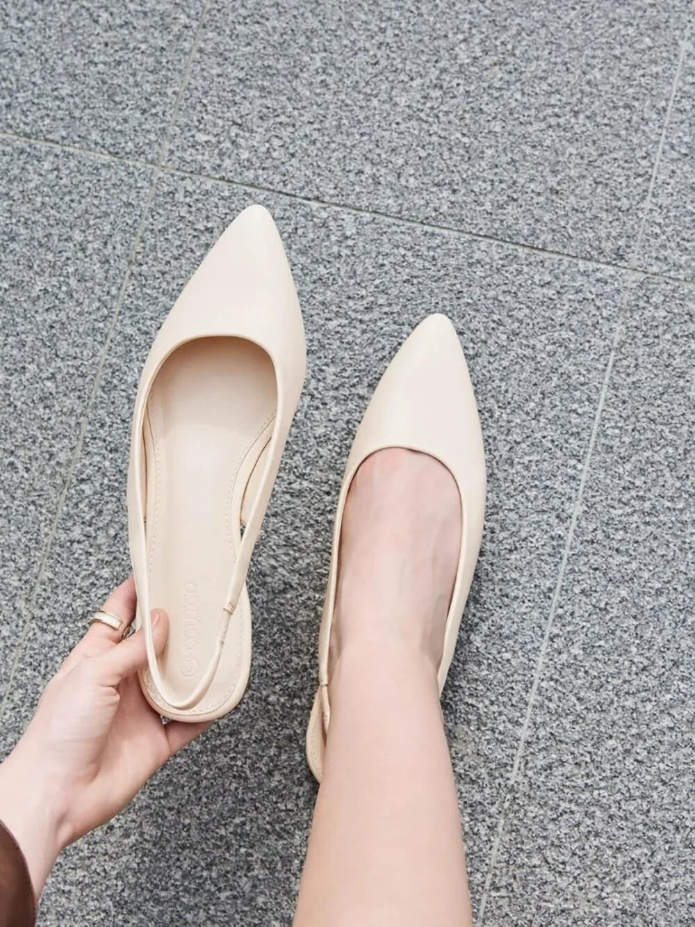 Women's Beige Faux Leather Comfortable Slip On Pointed Closed Toe Ballet Flats